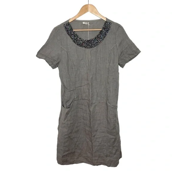 Lina Tomei Dresses Lina Tomei Beaded Linen Shift Dress Taupe